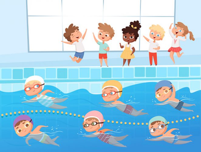 Swimming competition. Kids water sport swimming race in pool vector cartoon background. Illustration swim competitive and recreation, competition swimmer illustration